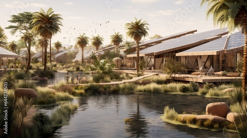 a sustainable desert oasis with solar-powered structures and lush palm groves © Muhammad
