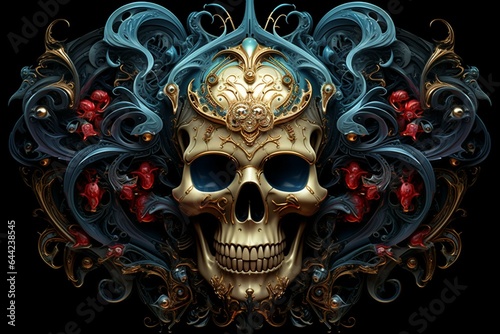 An elaborate skull design on a dark backdrop in a captivating digital artwork. Generative AI
