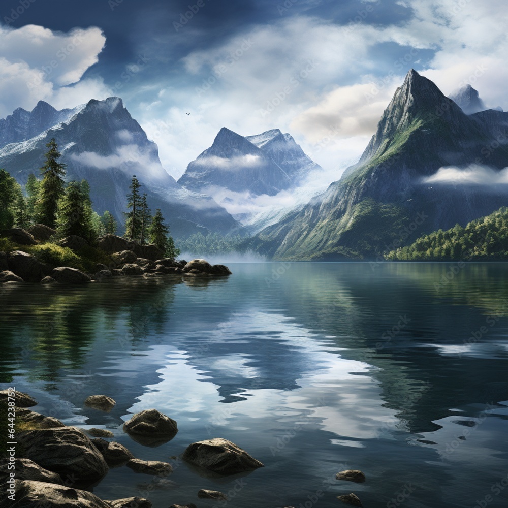 a tranquil lakeside scene surrounded by towering mountains, reflecting in the crystal-clear waters under a serene sky