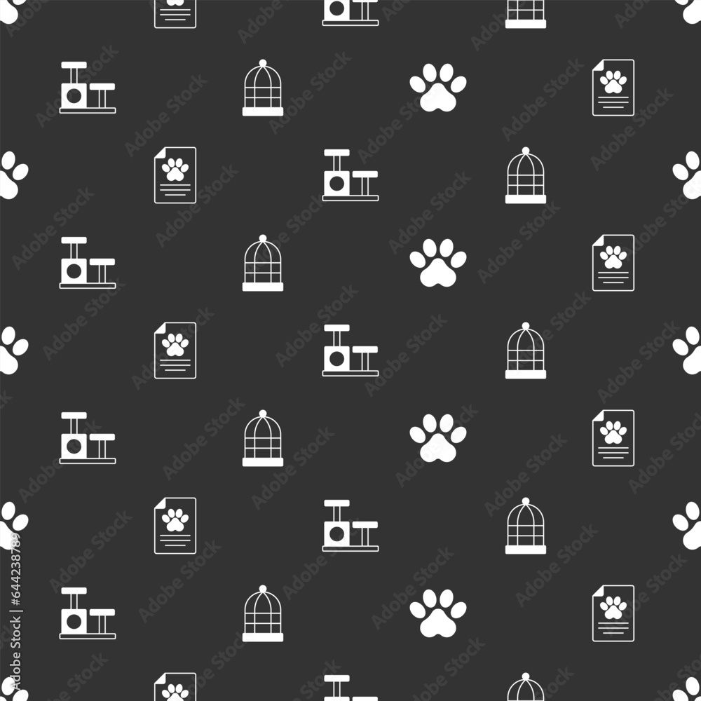 Set Paw print, Medical clinical record pet, Cat scratching post with toy and Cage for birds on seamless pattern. Vector