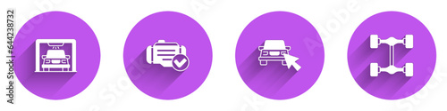 Set Car wash, Check engine, Online car sharing and Chassis icon with long shadow. Vector