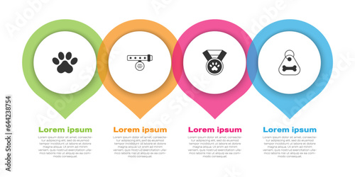 Set Paw print, Collar with name tag, Pet award symbol and Dog collar bone. Business infographic template. Vector