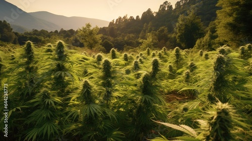 Cannabis field in the evening with mountains in the background. Medical Cannabis Concept with a copy space.