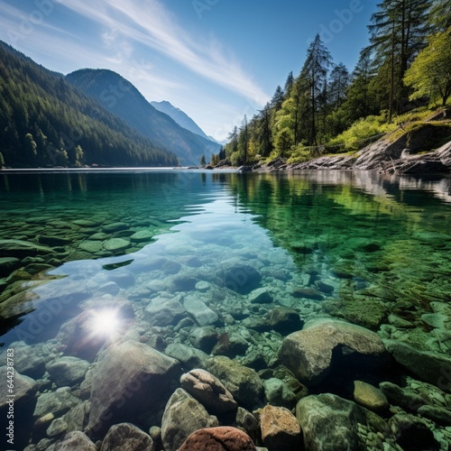 a tranquil lakeside scene surrounded by towering mountains, reflecting in the crystal-clear waters under a serene sky