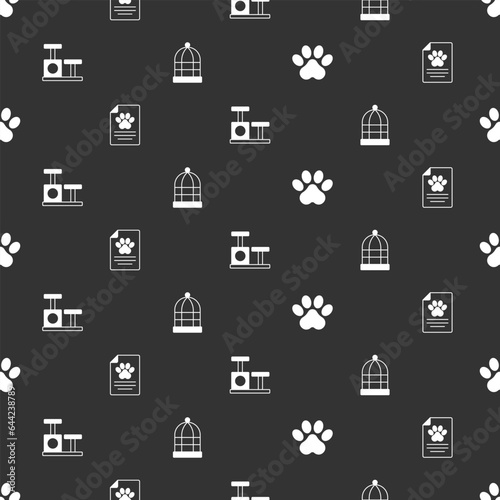 Set Paw print, Medical clinical record pet, Cat scratching post with toy and Cage for birds on seamless pattern. Vector