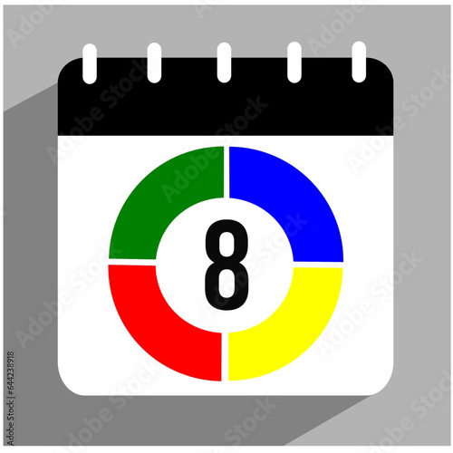 Flat icon calendar isolated. Vector illustration. Date 8 inside a colored arc.