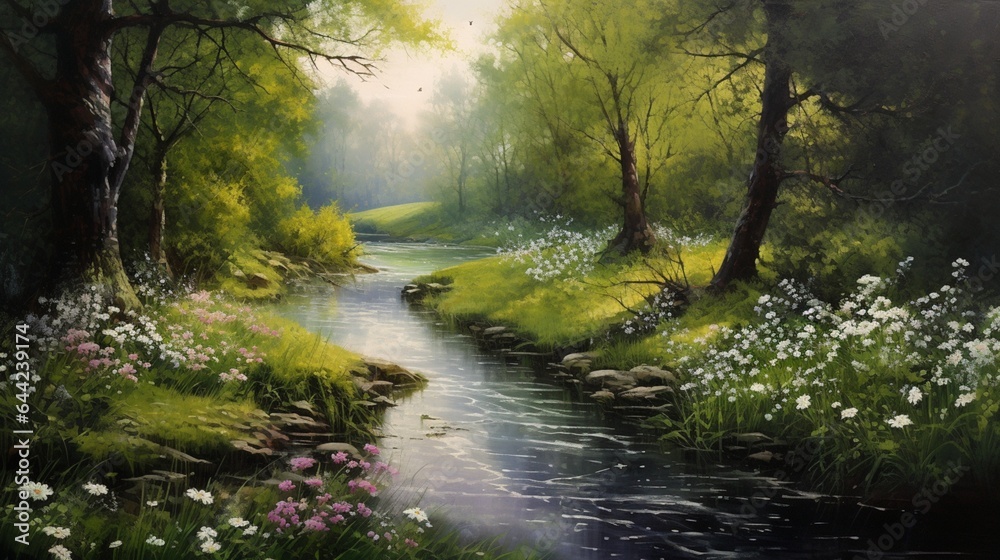 an elegant composition of a tranquil meadow with a gentle stream