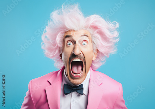 A middle-aged man with messy gray hair and an elegant bow tie resembling a mad scientist with bulging eyes shouting in front of a minimal pastel background. Generative AI.
