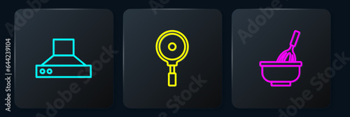 Set line Kitchen extractor fan, whisk with bowl and Frying pan. Black square button. Vector