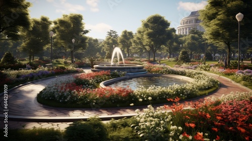 an elegant city park with sculptural fountains, winding pathways, and vibrant flowerbeds