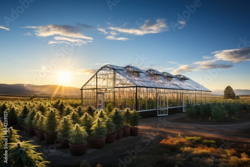 Aerial view of greenhouses with Cannabis. Cannabis Farm. Weed. Marijuana. Medical Cannabis Concept with a copy space.