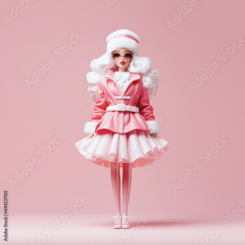 A child's doll dressed in a Santa Claus outfit with sunglasses stands on a minimal pastel pink background. Generative AI.