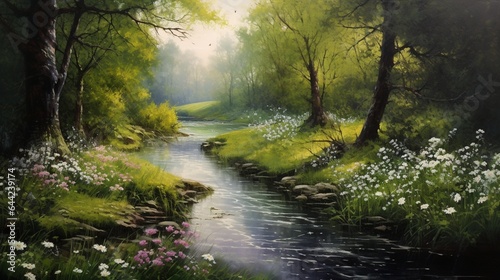 an elegant composition of a tranquil meadow with a gentle stream