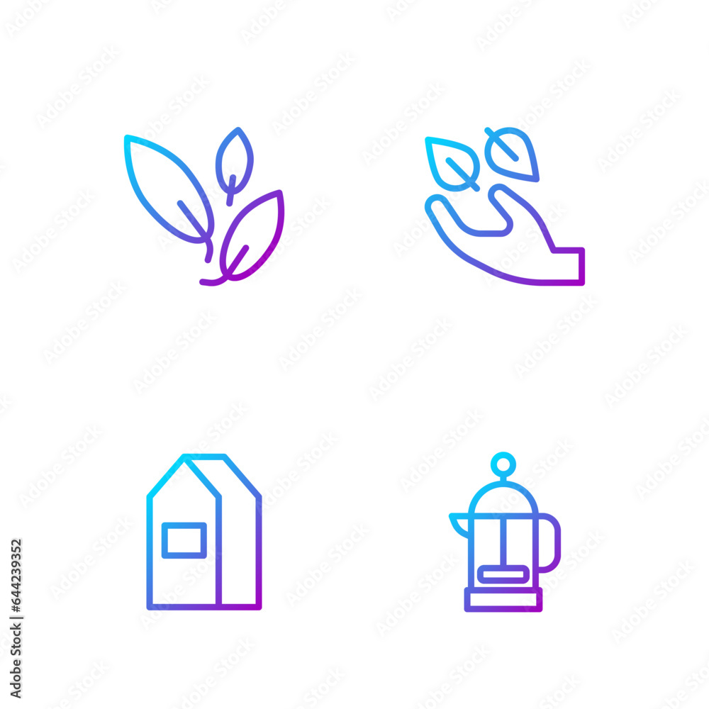 Set line French press, Paper package for milk, Tea leaf and in hand. Gradient color icons. Vector Set line French press, Paper package for milk, Tea leaf and in hand. Gradient color icons. Vector