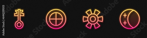 Set line Sun, Old magic key, Earth globe and Eclipse of the sun. Glowing neon icon. Vector