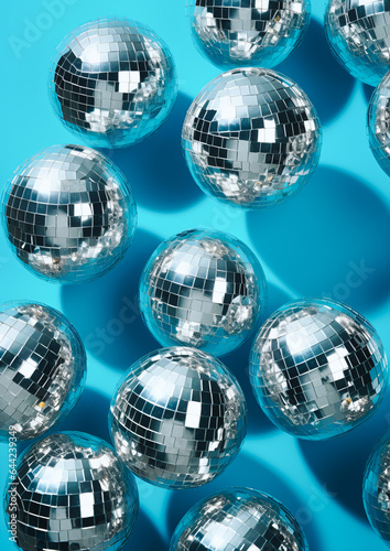 Trendy party background with multiple shiny disco balls on a turquoise background. Turquoise monochromatic color palette. Generative AI.