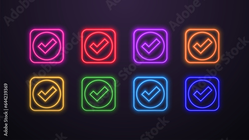 A set of neon icons of positive ticks ok in the colors blue yellow red orange green purple and pink on a dark background.
