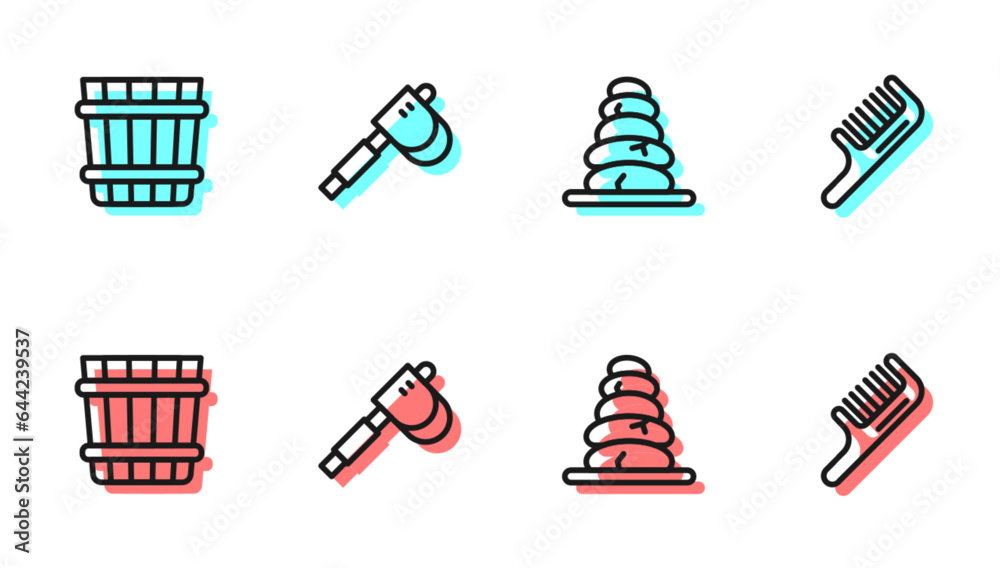 Set line Stack hot stones, Sauna bucket, Wooden axe and Hairbrush icon. Vector