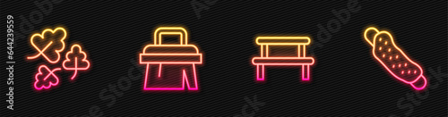 Set line Sauna wood bench, Oak leaf, brush and Washcloth. Glowing neon icon. Vector