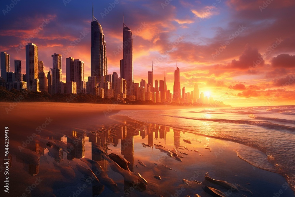Breathtaking sunrise paints the skyline of Surfers Paradise in Gold Coast. Generative AI