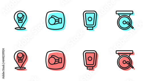 Set line Boxing training paws, glove, and gong icon. Vector