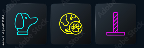 Set line Dog, Cat scratching post with toy and World pet. Black square button. Vector