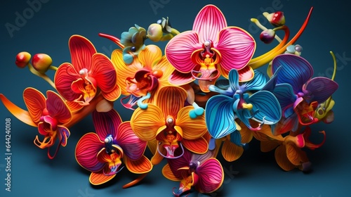 Craft an image highlighting the intricate details of a blooming orchid, with its exotic shape and vibrant color palette