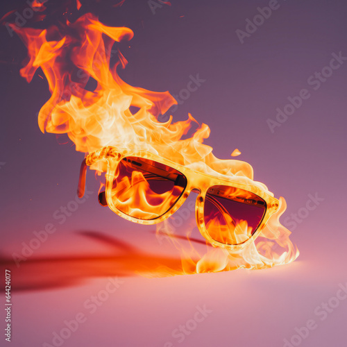 Sunglasses in flames landing on a minimal dark purple background. Generative AI.