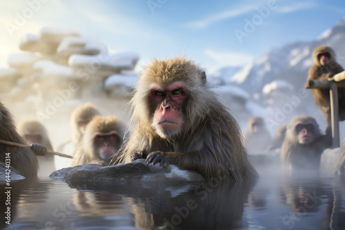  a group of monkeys relaxing in a water pool © DCoDesign