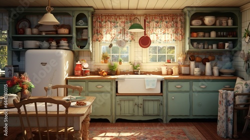 Craft an image that highlights the cozy ambiance of a cottage-style kitchen with vintage appliances, floral curtains, and a farmhouse sink