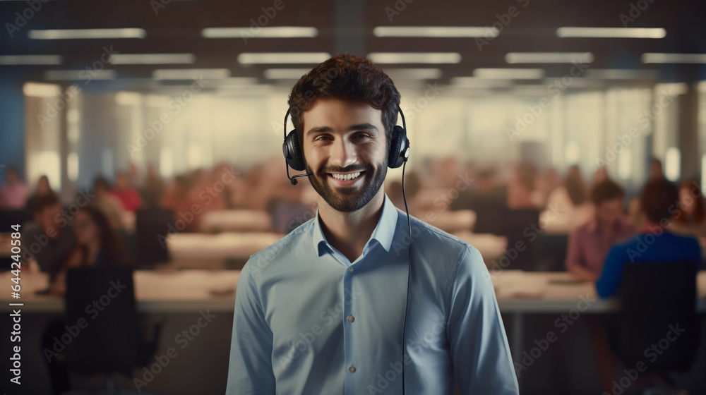 Fototapeta premium Attractive telemarketing call center operator assisting clients to solve problems