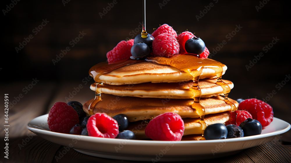  a delicious stack of pancakes topped with syrup and berries on a plate - obrazy, fototapety, plakaty 