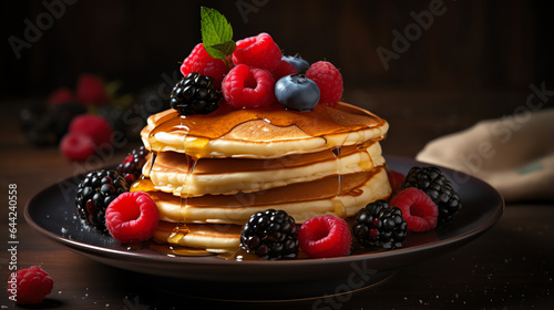  delicious stack of pancakes with fresh berries and drizzled syrup
