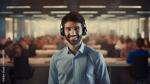 Attractive telemarketing call center operator assisting clients to solve problems