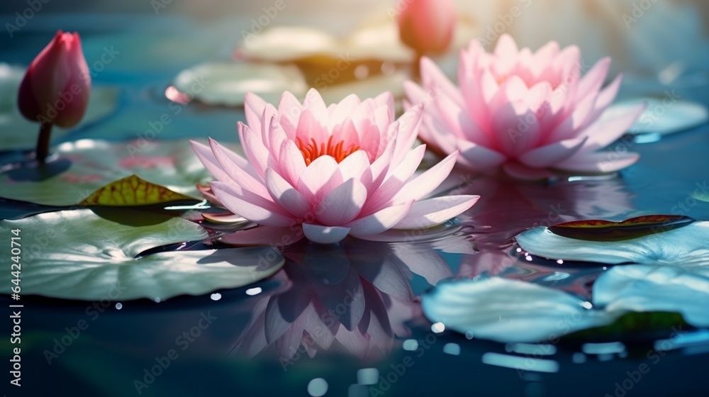 Craft an image that showcases the elegance of an exotic lotus flower in a serene pond, with its pink petals and sacred symbolism