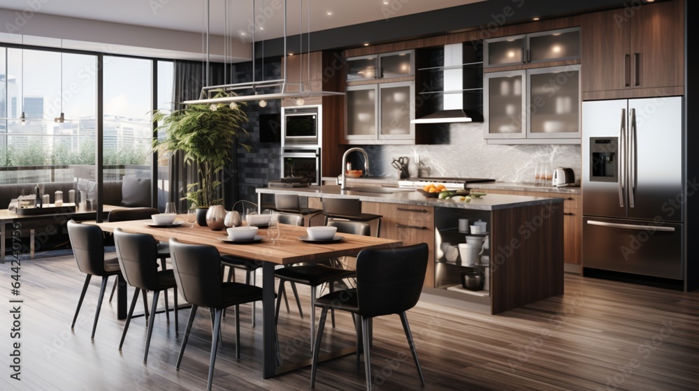 Craft an image that showcases the functionality of a modern kitchen with sleek appliances, quartz countertops, and ample storage