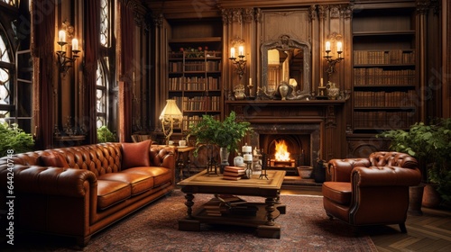 Craft an image that showcases the elegance of a classic library with rich wooden bookshelves, leather-bound books, and a cozy fireplace © Muhammad