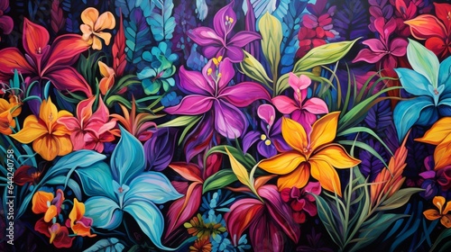 Craft an image that showcases the vibrancy of a South American rainforest  with exotic  brightly colored flowers and lush foliage