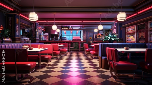 Craft an image that showcases the atmosphere of a retro diner, with neon signs, checkered floors, and classic diner booths