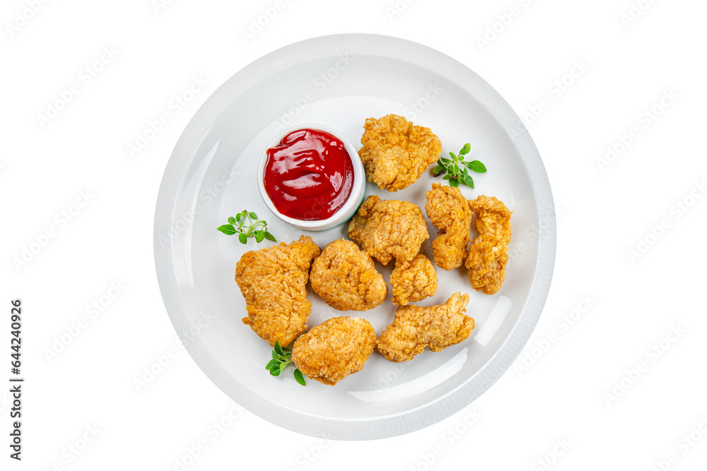 chicken nuggets deep-fried tomato sauce meat ready to eat meal food snack on the table copy space food background rustic top view chicken nuggets deep-fried tomato sauce meat ready to eat meal food snack on the table copy space food background rustic top view