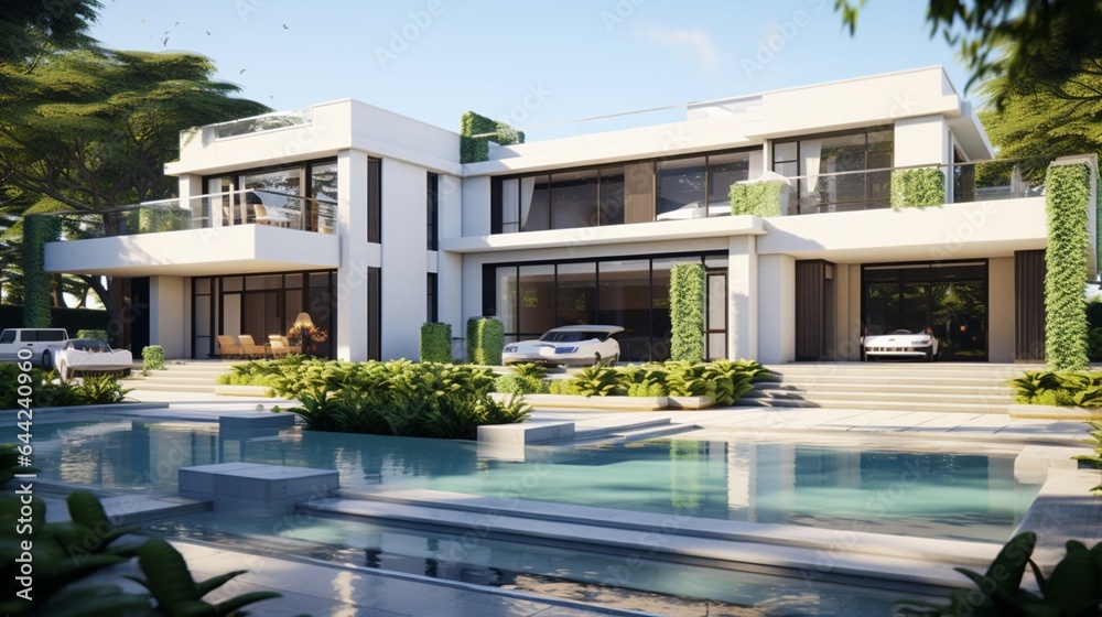 Create a luxurious modern mansion with sleek lines, large windows, and a stunning landscaped garden