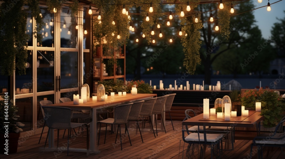 Create an elegant composition featuring a modern restaurant's outdoor terrace, with cozy seating, overhead string lights, and an inviting ambiance