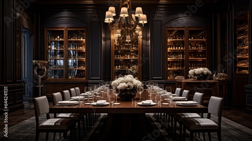 Create an elegant composition featuring a private dining room in a high-end restaurant, with a chef's table, exclusive experience, and gourmet cuisine