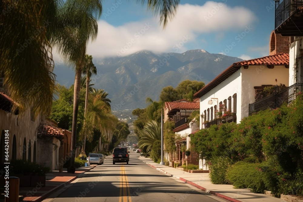 Historic street near Santa Barbara courthouse with mountains in downtown Santa Barbara. Generative AI