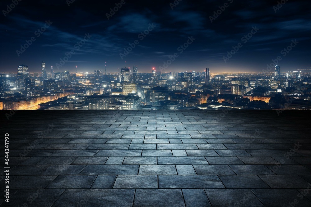 A vacant brick floor with a contemporary city view during nighttime. Generative AI