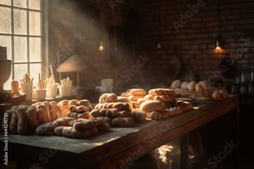 A hazy background of a bakery with a table full of delicious bread in the foreground. Generative AI