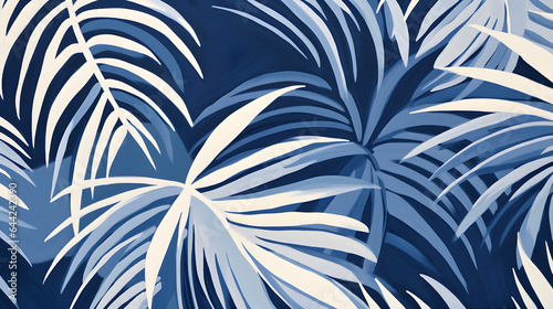 a tropical blue pattern with white leaves