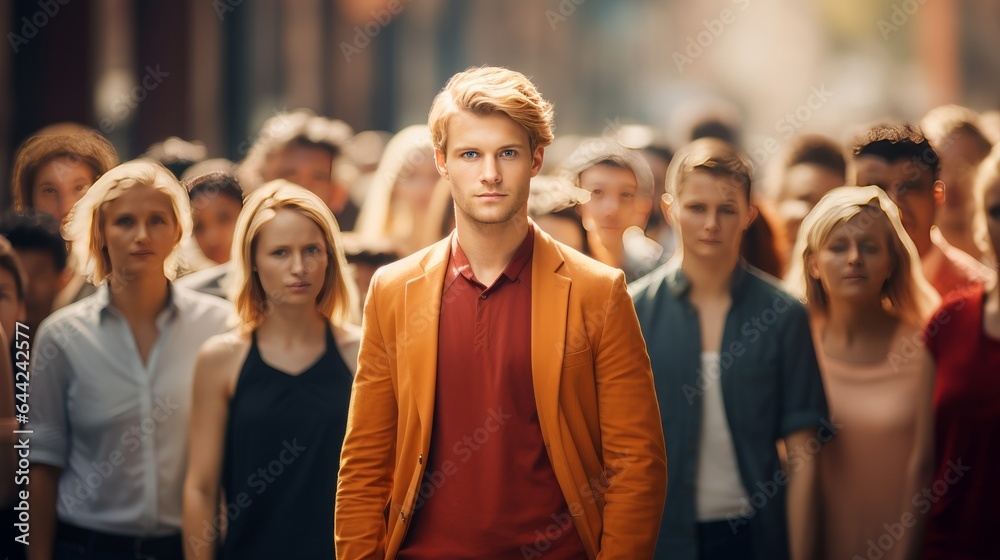 The concept of being distinctive in a crowd, featuring a man who stands apart from a large gathering of people