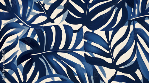 a tropical blue pattern with white leaves