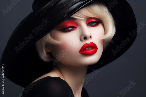 Beautiful woman in a black broad-brim hat with red lips